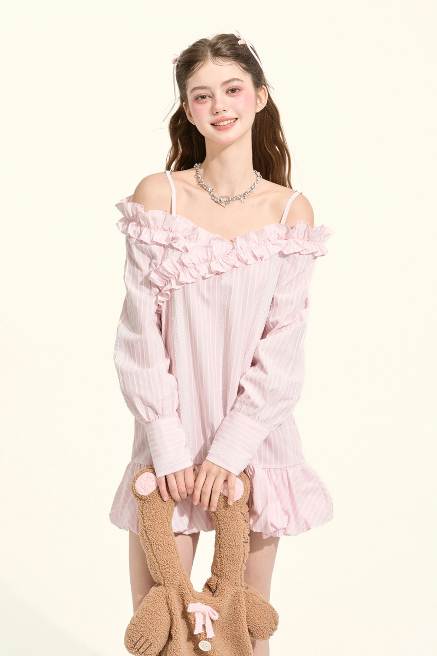 Pre-Fall Lace Striped Off-Shoulder Bubble Gown