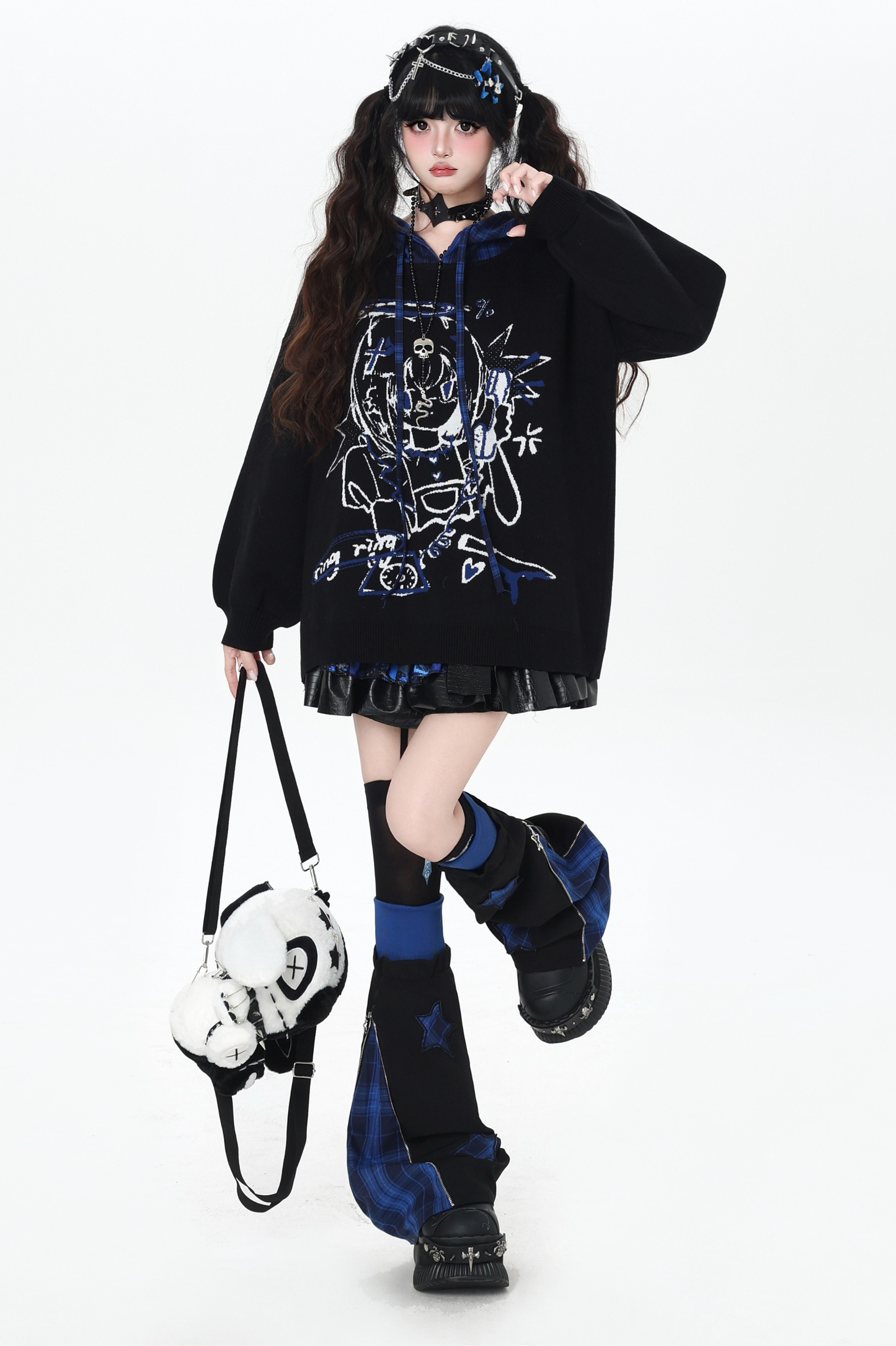 パンクガールチェックフードルーズセーター