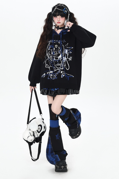 パンクガールチェックフードルーズセーター