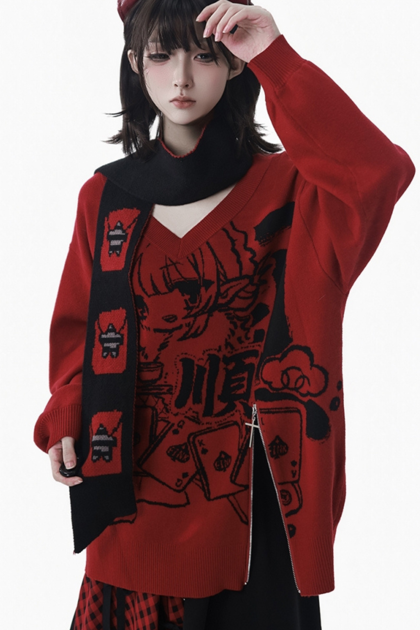 モードVネックニット+キュロット+スカート+レッグカバー+スカーフ