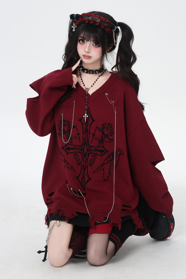 ゴシックライトアジアンVネックニッチルーズセーター