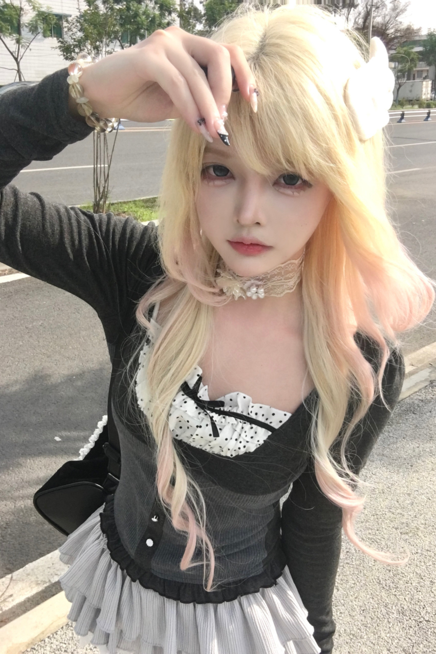 スリムリボンドットスリムトップス+ケーキスカート