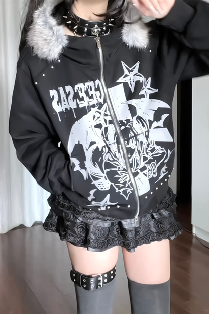 ファーカラーダークデザインフードパーカー