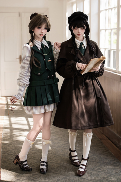 Baker Street Cloak Coat + Striped Dress + Pumpkin Pants + Hat