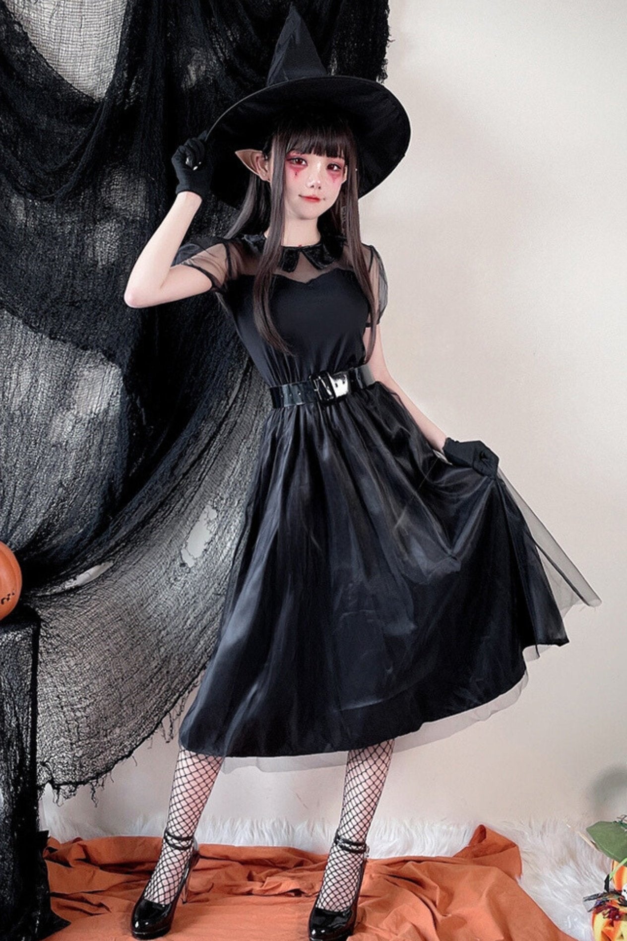 black dress for witch costume Xpluswear Design Plus Size Halloween Gothic Velvet Witches Maxi (Without Gloves)Ships 24h Black Wizard Witch Cosplay Dress