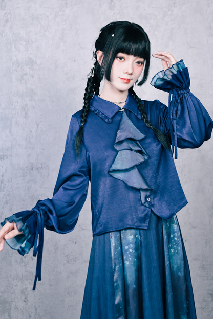 Blue World Floating Light Splice Ruffle Lantern Sleeve Shirt