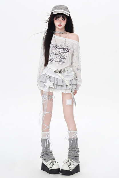 シアーワンショルダールーズY2Kトップス