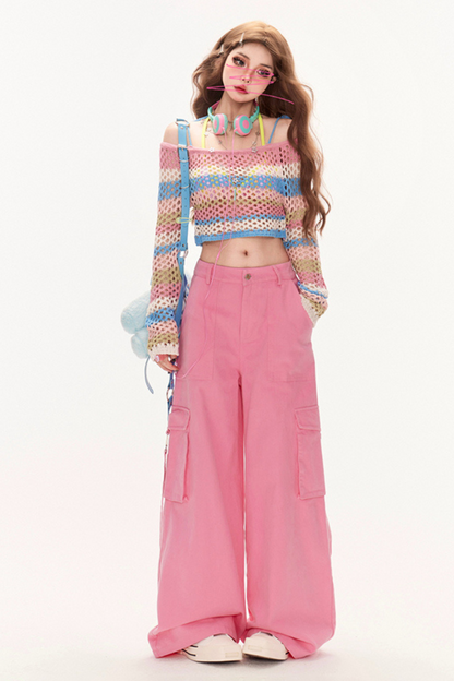 ピーチボーダーオフショルダーニット