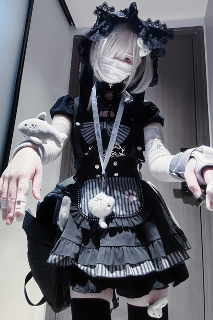 キュートキャットパフスリーブトップス+サスペンダースカート+パンツ+ハット