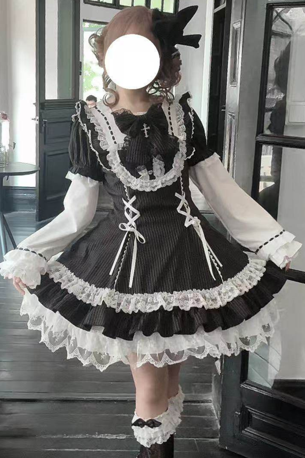 ダークレースアップストライプドロリータドレス+ラビットハット+スリーブ