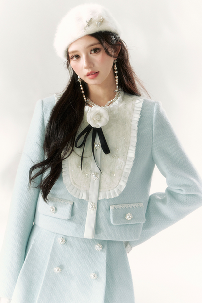 Ice Blue Rose College Style Jacket + Side Pleated Skirt