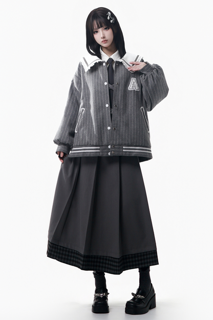 ストライプコート+シャツ+ベスト+ロングスカート