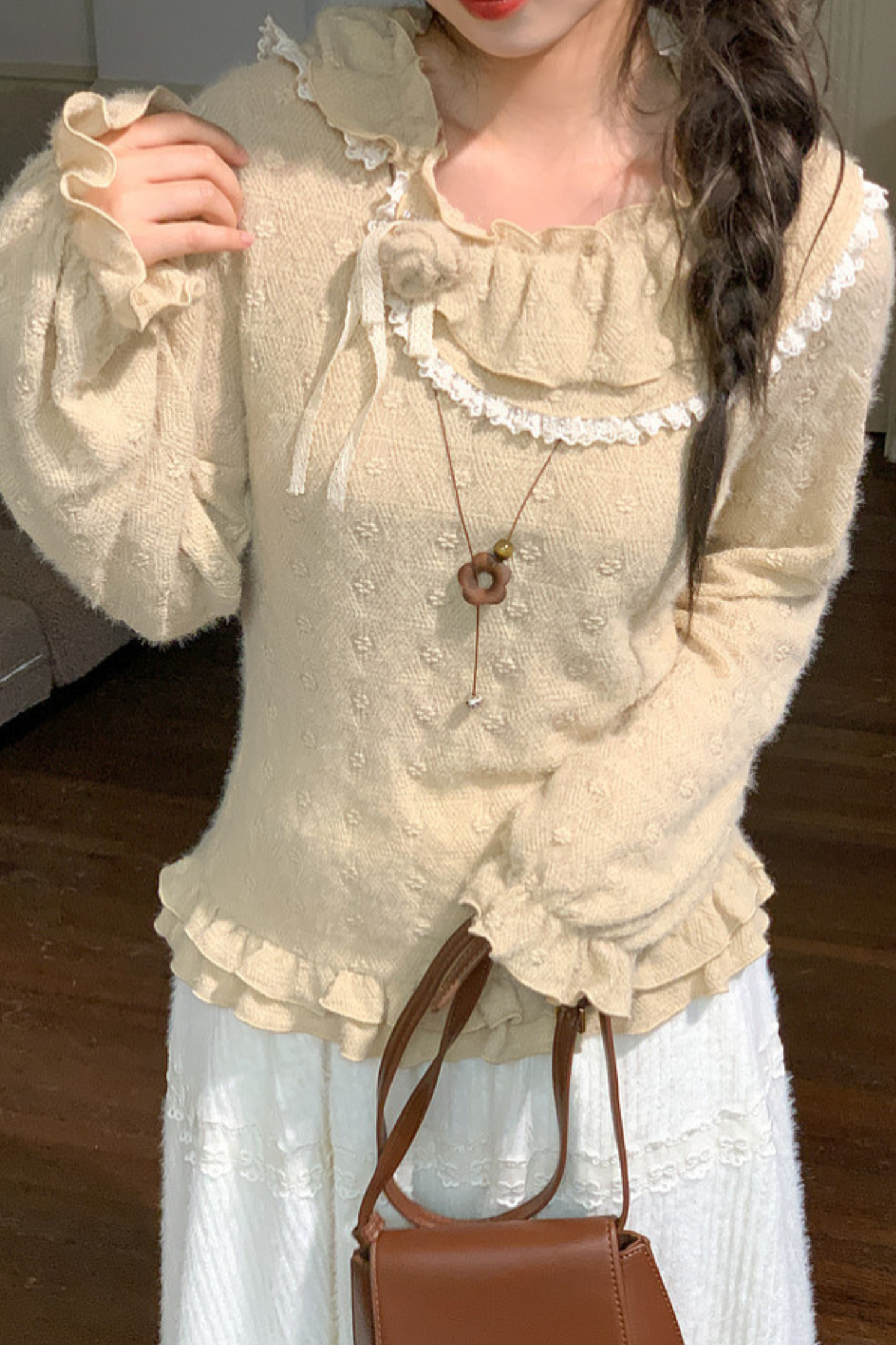 レースカラーロングスリーブトップス