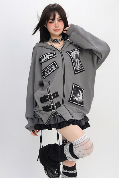 Bee Stitch Print Patchwork Zipper Loose Hoodie