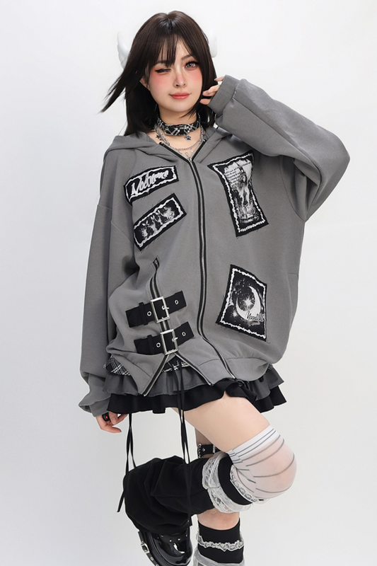 ビーステッチプリントパッチワークジッパールーズパーカー