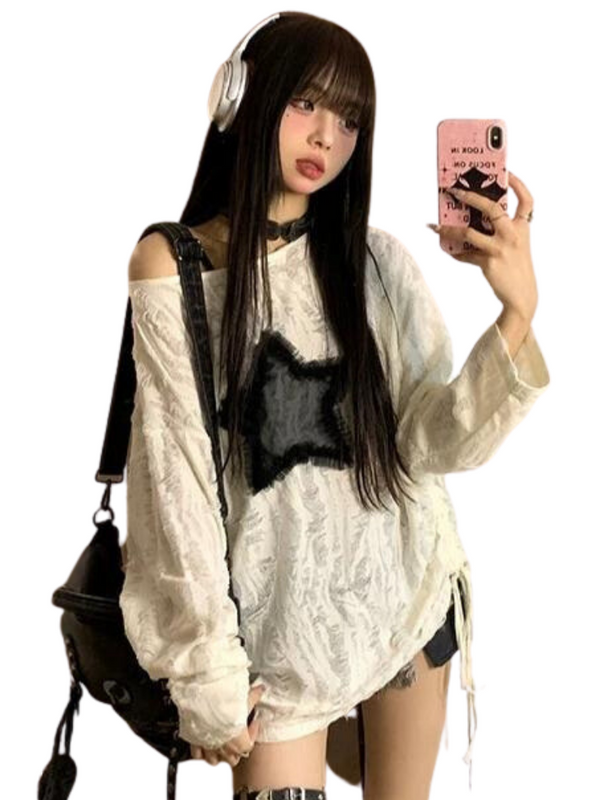 Top Star Whole Loose Bottom Shirt Long T & White Hoodie