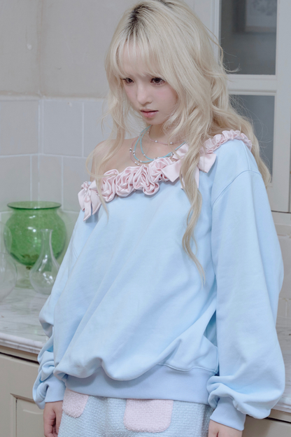 ローズサテンリボンワンショルダースウェット