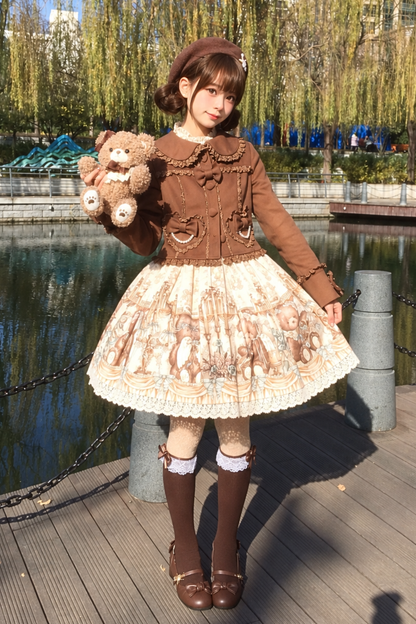 【10月17日予約締切】Brown/Black Sweet Lolita Pearl Bow Lace Short Coat