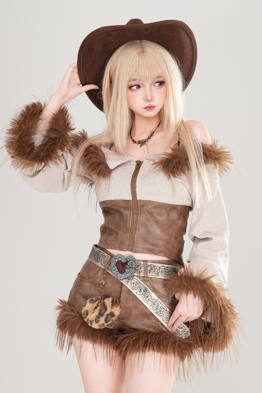 Y2K Fur Off-Shoulder Knit Top