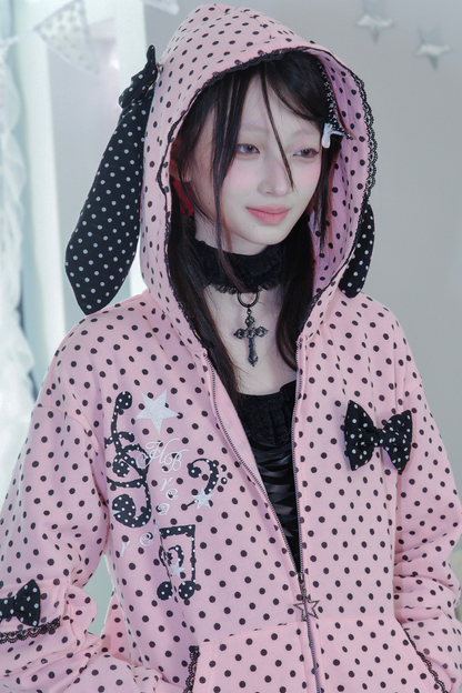 Y2Kガールドットバニーフードパーカー