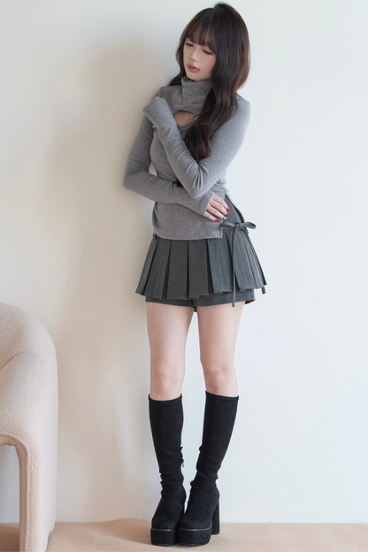 High Neck Knit Top + Check Skirt