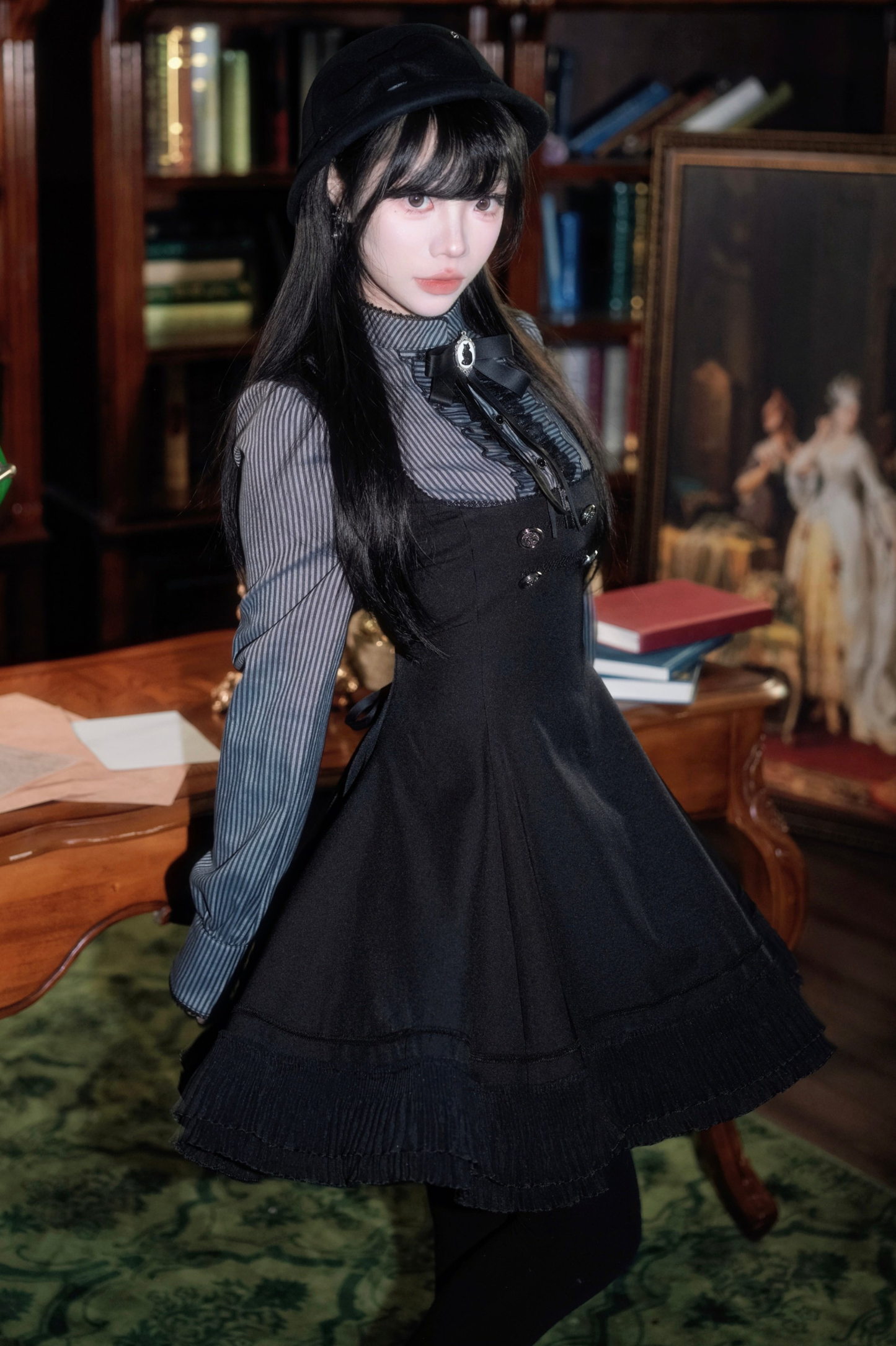 ダークフレンチパッチワークストライプドレス