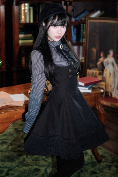 ダークフレンチパッチワークストライプドレス