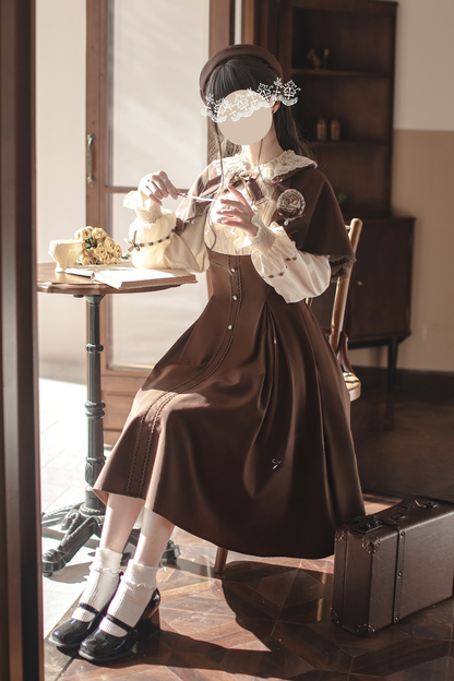フレンチブラウンヴィンテージロリータドレス+ケープ+ベレー帽+バッジ