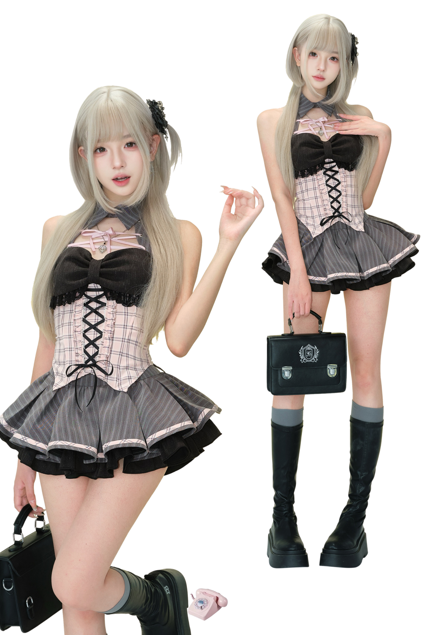 レースアップチェックトップス+ストライプスカート