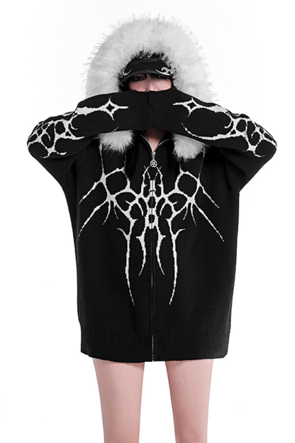 ゴシックファーフードルーズジップカーディガン