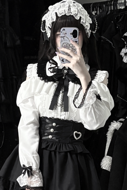 地雷ロングスリーブシャツ+ハイウエストスカート+リボンネクタイ