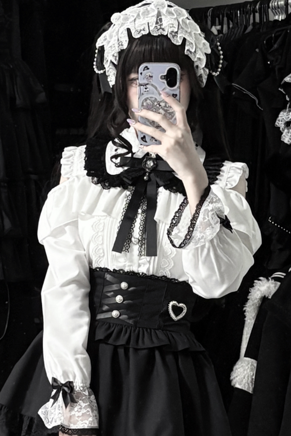 地雷ロングスリーブシャツ+ハイウエストスカート+リボンネクタイ