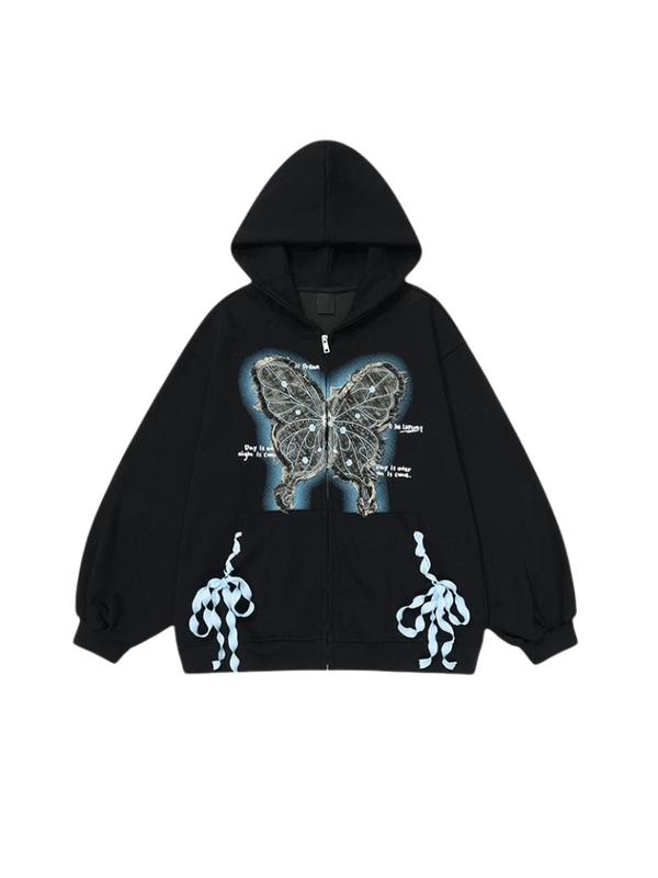 Butterfly Ribbon Hooded Sweatshirt Loose Jacket