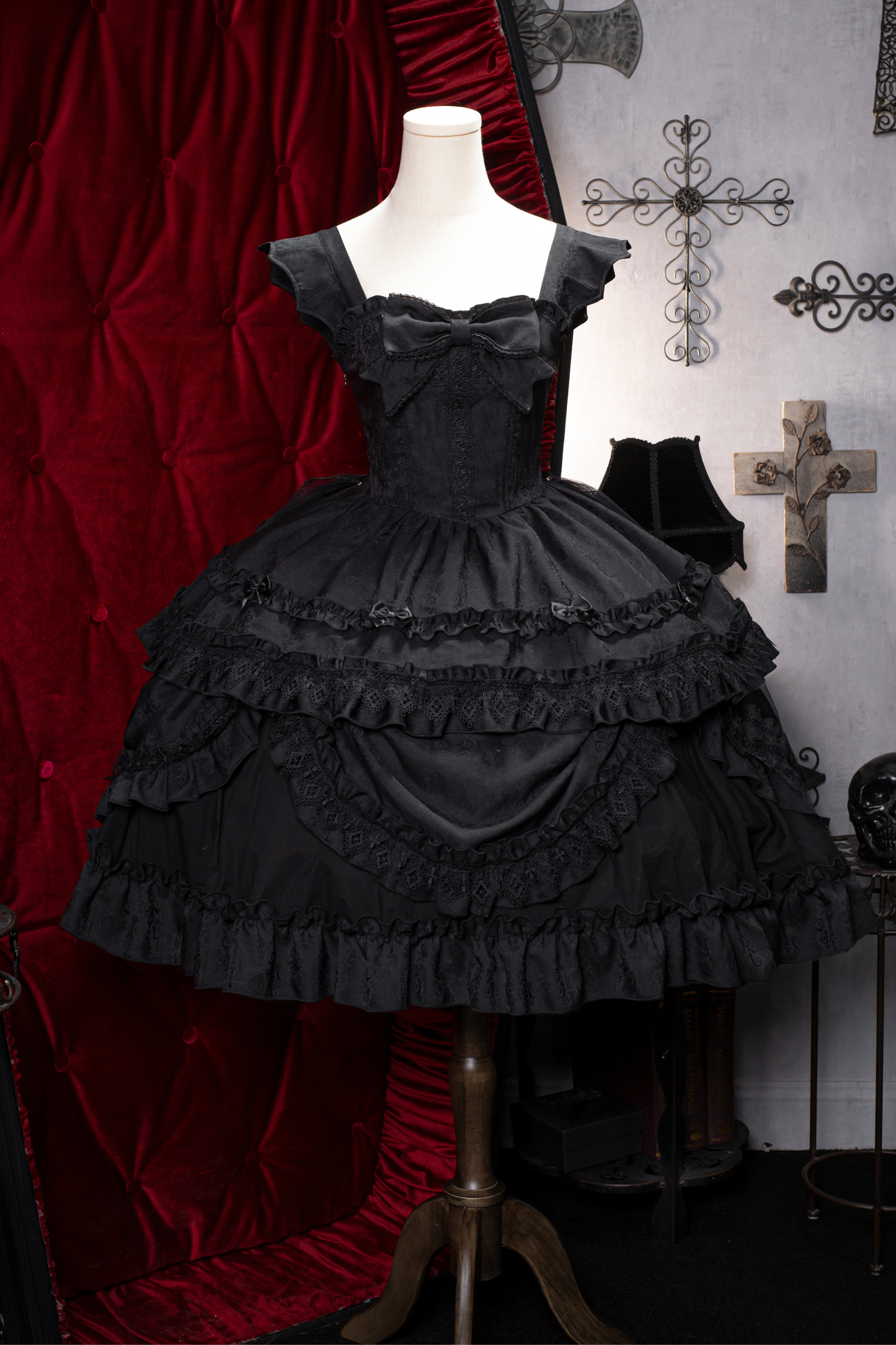 Dark Gothic Ribbon Lolita Dress + Waist Belt + Train + Hairband