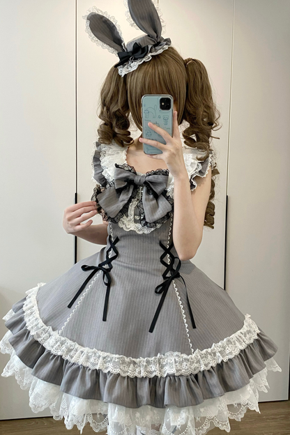スイートロリータストライプジャンパースカートス+ラビットハット