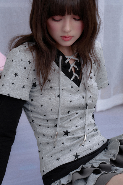 Y2K Star Design Faux Two Piece Hooded Top