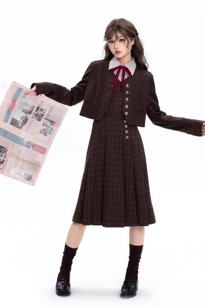 Retro College Jacket + Shirt + Skirt + Badge + Tie