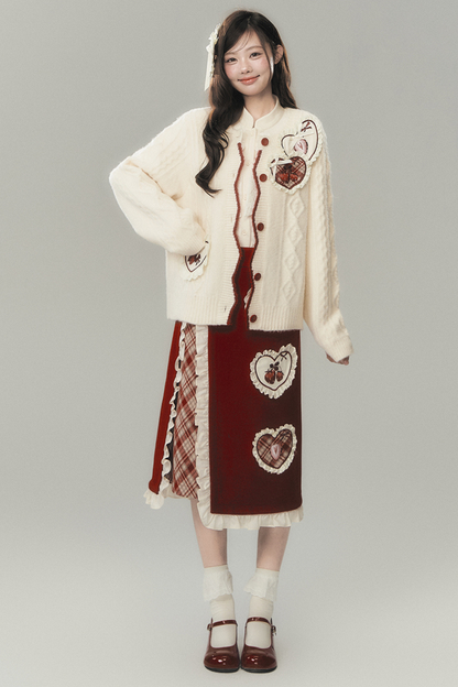 ストロベリークリームカーディガン+スカート+ハイネックトップス+ヘアピン