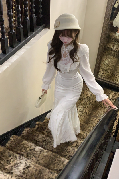 パフスリーブニットレースワンピース