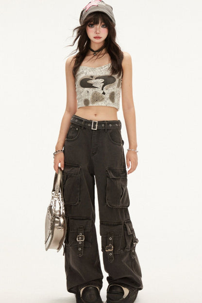 Lace-Up High-Rise Black Cargo Pants