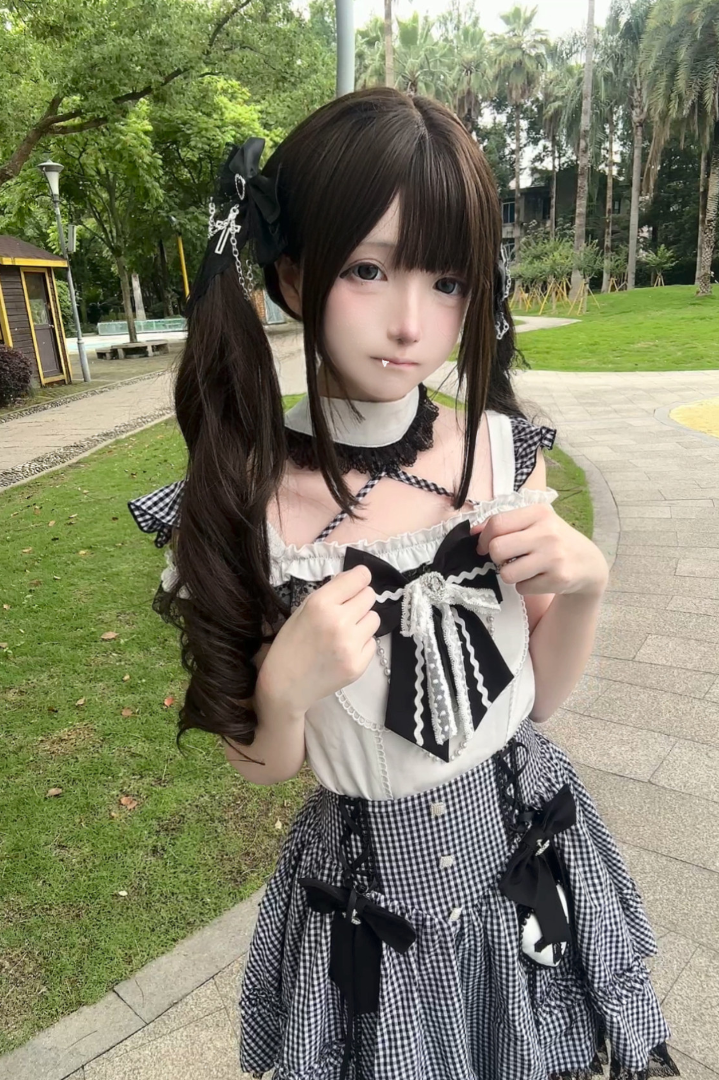 チェックオフショルダートップス+スカート