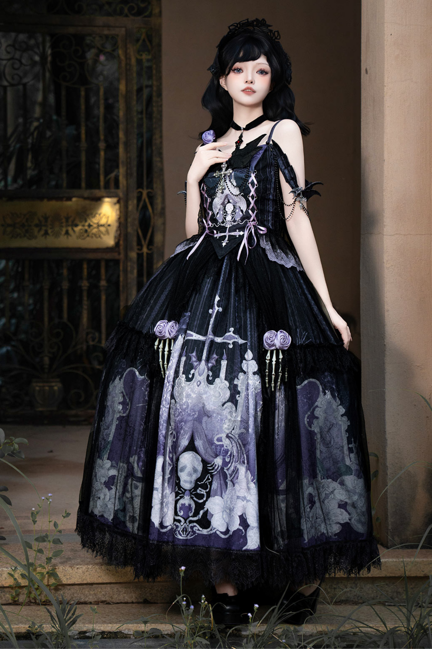 Gothic style dark camisole top + dark chic skull skirt