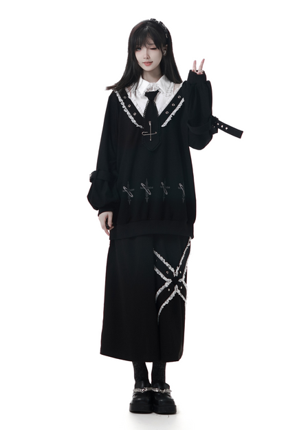 ビッグスイングシャツデザイントップス+フードワンピース+ロングキュロット