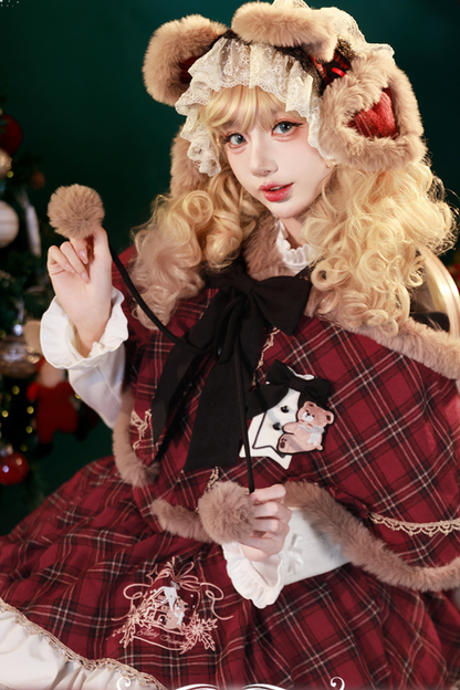 [Pre-order item] Check Lolita JSK + Hooded Cloak + Knit + Bear Catsuit
