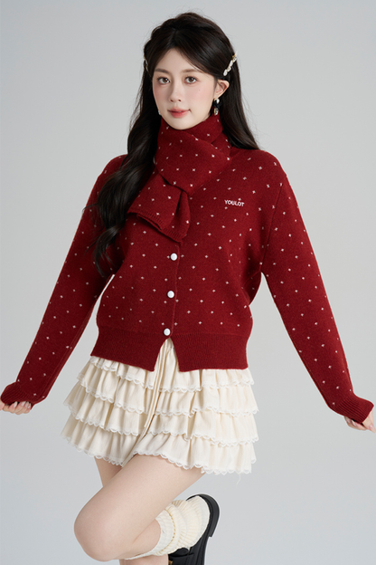 フレンチスタイルドットマフラー付きンカーディガン