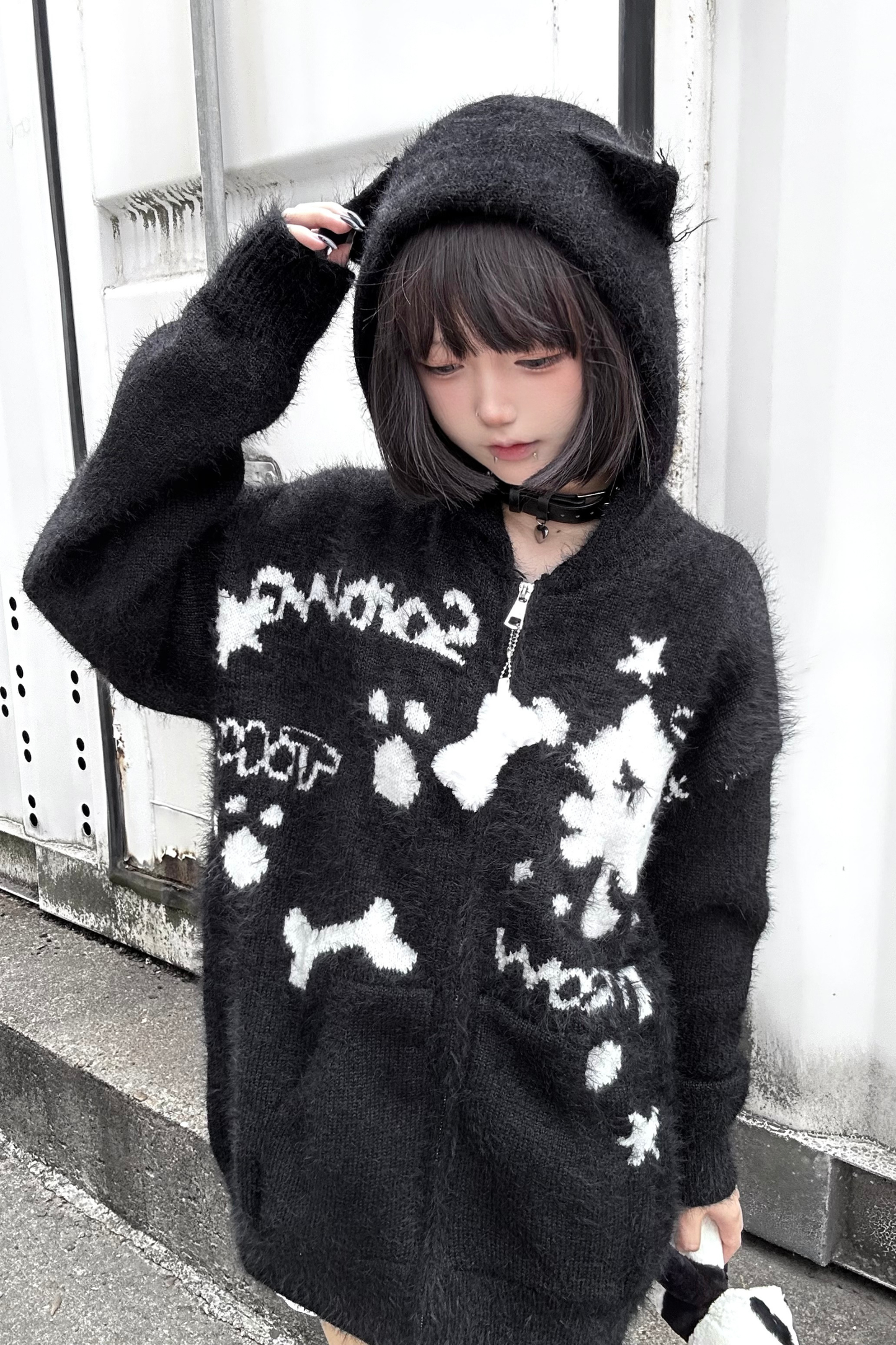 キャットデザインフードニットカーディガン