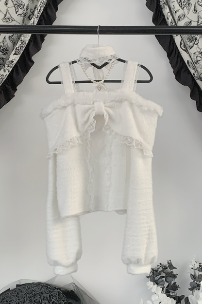 レースリボンオフショルダートップス