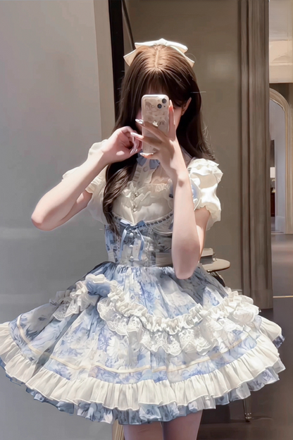 [Reservation product] French Elegant Blue White Oil Paint Two Piece Dress