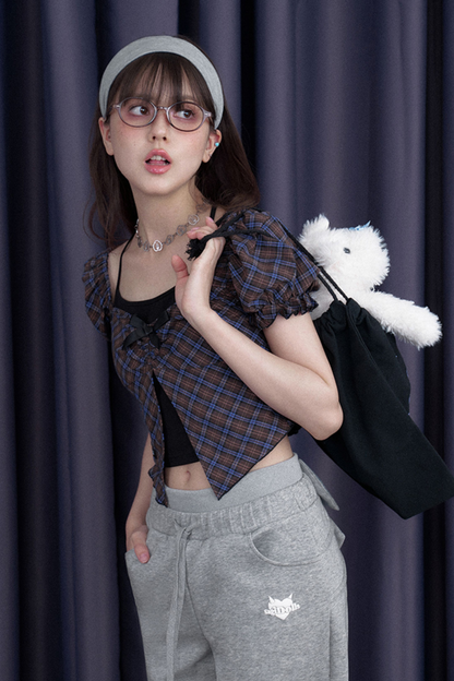 スウィートチェックバブルスリーブトップス