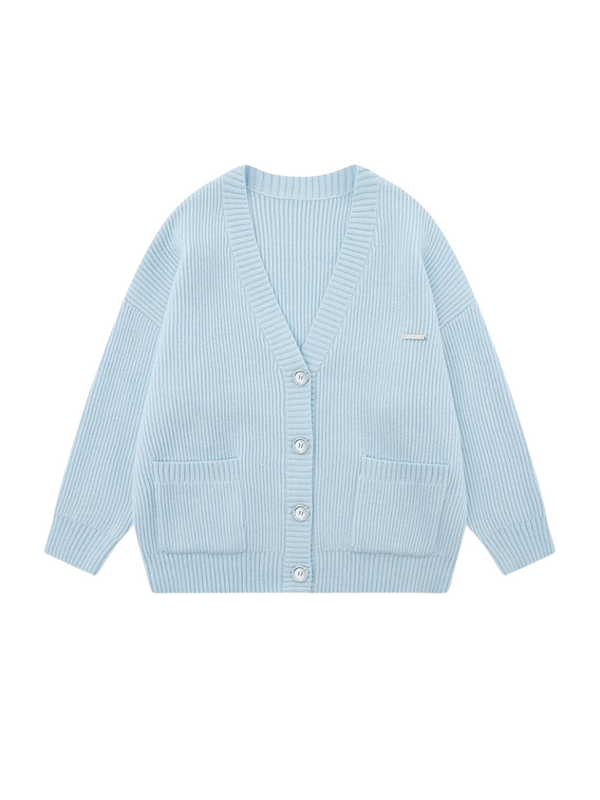 Cream Blue Loose Ribbed Knit Cardigan